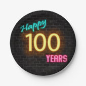 Neon nummer 100-teken op bakstenen muur papieren bordje (Voorkant)