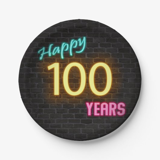 Neon nummer 100-teken op bakstenen muur papieren bordje (Voorkant)