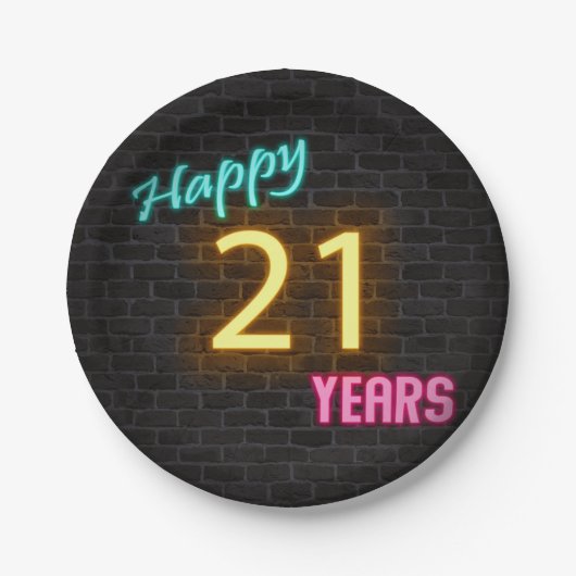 Neon nummer 21 teken op bakstenen muur papieren bordje (Voorkant)