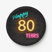 Neon nummer 80-teken op bakstenen muur papieren bordje (Voorkant)