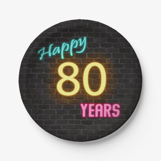 Neon nummer 80-teken op bakstenen muur papieren bordje (Voorkant)