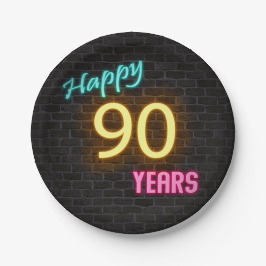 Neon nummer 90-teken op bakstenen muur papieren bordje (Voorkant)