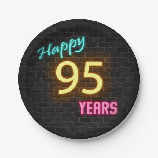 Neon nummer 95 teken op bakstenen muur papieren bordje (Voorkant)