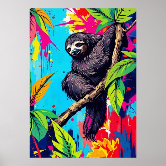 Neon Oerwoud Luiaard – Kleur Splash Animal Art Poster (Voorkant)