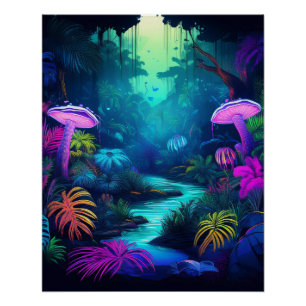 Neon Oerwoud met gloeiende paddenstoelen en Plante Perfect Poster