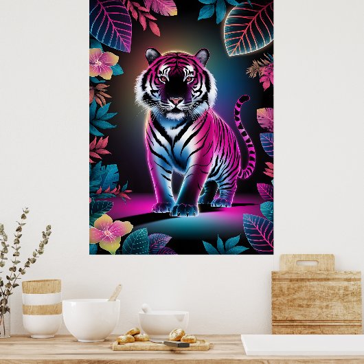 Neon Oerwoud Tiger - Levendige Cyberpunk Wildlife Poster (Keuken)