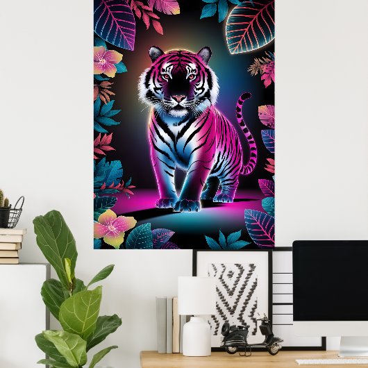 Neon Oerwoud Tiger - Levendige Cyberpunk Wildlife  Poster (Thuiskantoor)