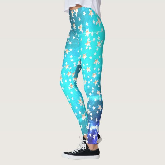 Neon Ombre Blauwe Patriottische Gouden Sterren Leggings (Links)