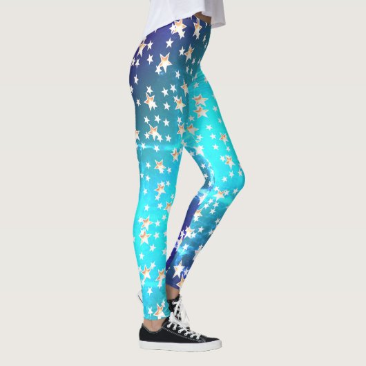 Neon Ombre Blauwe Patriottische Gouden Sterren Leggings (Rechts)
