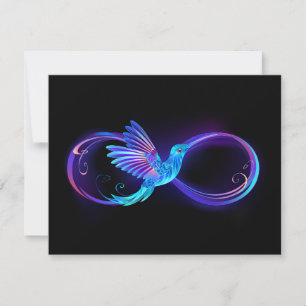 Neon oneindigheidssymbool met gloeiende kolibrie aankondiging