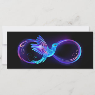 Neon oneindigheidssymbool met gloeiende kolibrie aankondiging