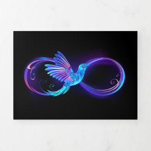 Neon oneindigheidssymbool met gloeiende kolibrie drieluik aankondiging
