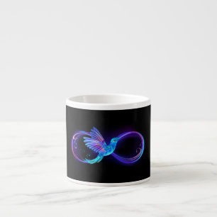 Neon oneindigheidssymbool met gloeiende kolibrie espresso kop