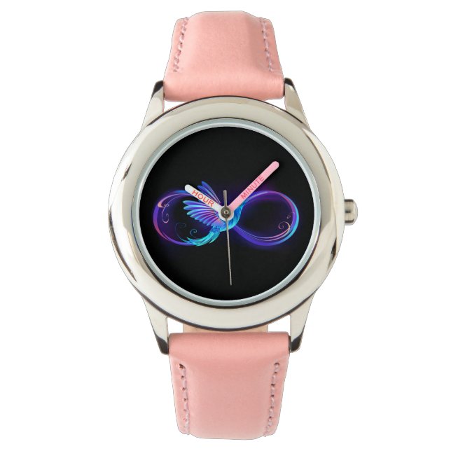 Neon oneindigheidssymbool met gloeiende kolibrie horloge (Voorkant)