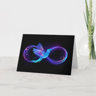 Neon oneindigheidssymbool met gloeiende kolibrie kaart