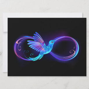 Neon oneindigheidssymbool met gloeiende kolibrie kaart