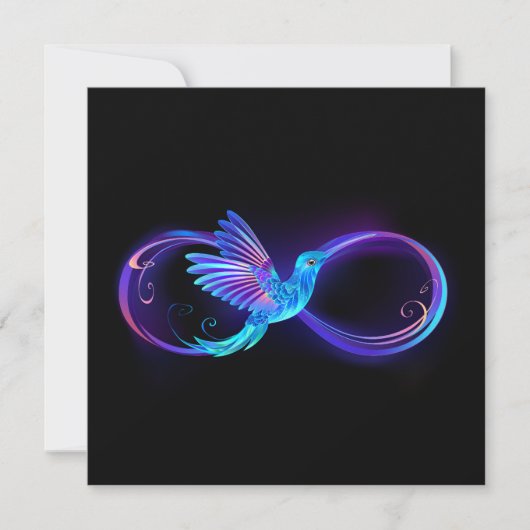 Neon oneindigheidssymbool met gloeiende kolibrie kaart (Voorkant)