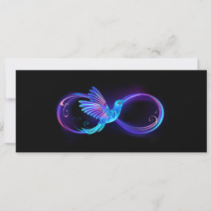 Neon oneindigheidssymbool met gloeiende kolibrie kaart