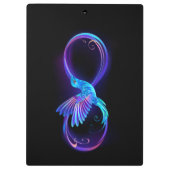 Neon oneindigheidssymbool met gloeiende kolibrie klembord (Achterkant)