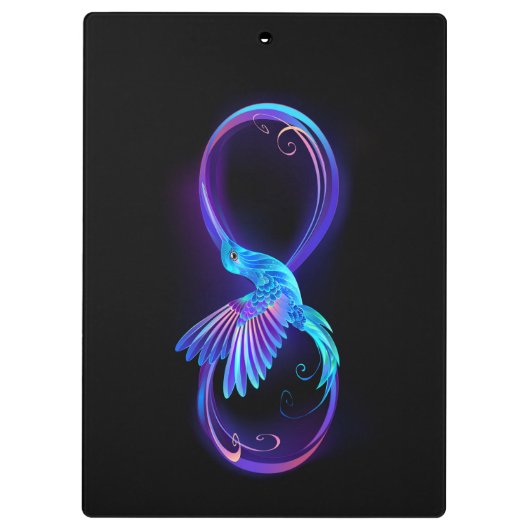 Neon oneindigheidssymbool met gloeiende kolibrie klembord (Achterkant)