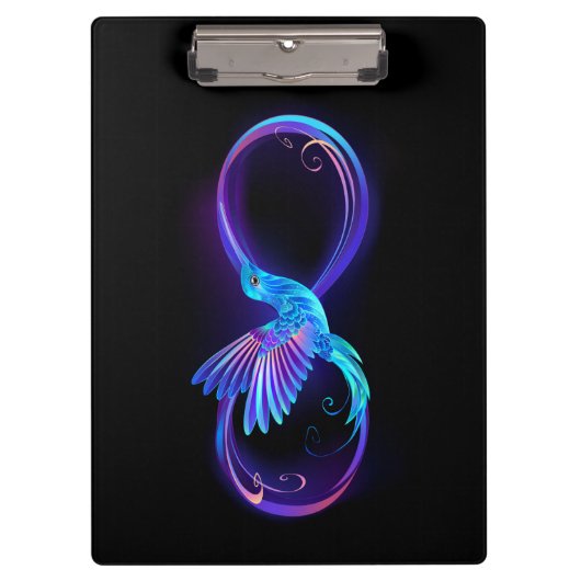 Neon oneindigheidssymbool met gloeiende kolibrie klembord (Voorkant)
