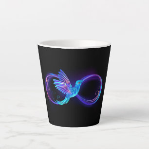 Neon oneindigheidssymbool met gloeiende kolibrie latte mok