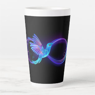 Neon oneindigheidssymbool met gloeiende kolibrie latte mok