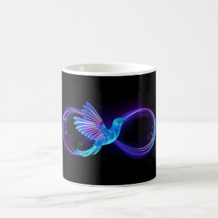 Neon oneindigheidssymbool met gloeiende kolibrie magische mok
