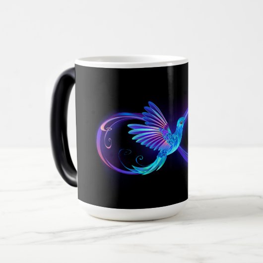 Neon Oneindigheidssymbool met Gloeiende Kolibrie Magische Mok (Voorkant links)