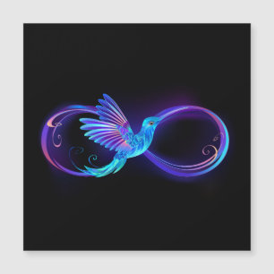 Neon oneindigheidssymbool met gloeiende kolibrie magnetische uitnodiging