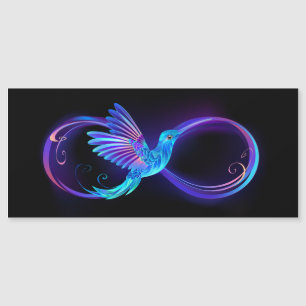 Neon oneindigheidssymbool met gloeiende kolibrie magnetische uitnodiging