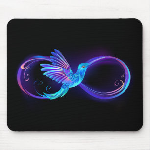 Neon oneindigheidssymbool met gloeiende kolibrie muismat