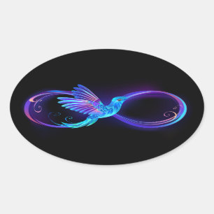 Neon oneindigheidssymbool met gloeiende kolibrie ovale sticker