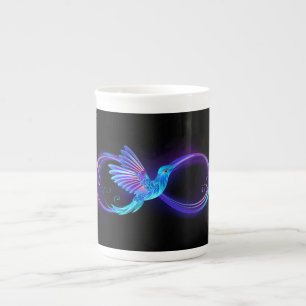 Neon oneindigheidssymbool met gloeiende kolibrie porselein kop