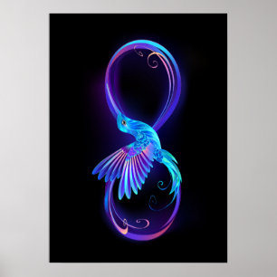 Neon oneindigheidssymbool met gloeiende kolibrie poster