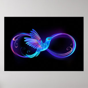 Neon oneindigheidssymbool met gloeiende kolibrie poster