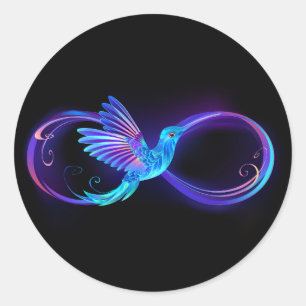 Neon oneindigheidssymbool met gloeiende kolibrie ronde sticker