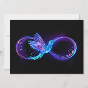 Neon oneindigheidssymbool met gloeiende kolibrie save the date
