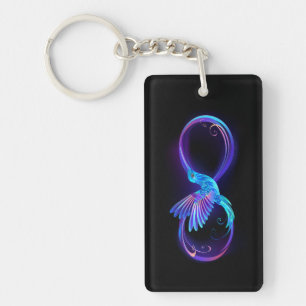 Neon oneindigheidssymbool met gloeiende kolibrie sleutelhanger