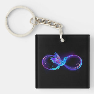 Neon oneindigheidssymbool met gloeiende kolibrie sleutelhanger