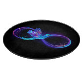 Neon oneindigheidssymbool met gloeiende kolibrie snijplank (Hoek)