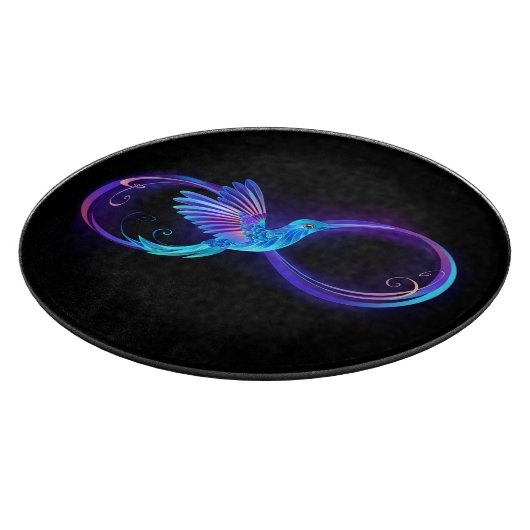 Neon oneindigheidssymbool met gloeiende kolibrie snijplank (Hoek)