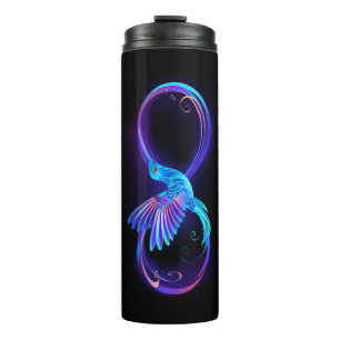 Neon oneindigheidssymbool met gloeiende kolibrie thermosbeker