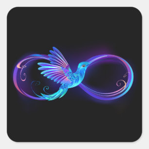 Neon oneindigheidssymbool met gloeiende kolibrie vierkante sticker