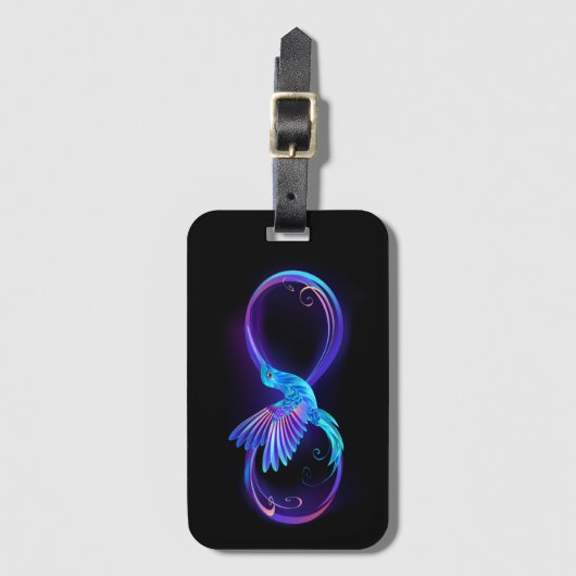 Neon Oneindigheidssymbool met Glowende Kolibrie Bagagelabel (Voorkant (verticaal))
