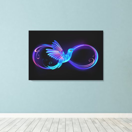 Neon Oneindigheidssymbool met Glowende Kolibrie Canvas Afdruk (Insitu (Houten vloer))