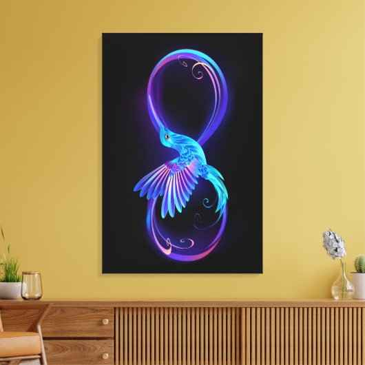 Neon Oneindigheidssymbool met Glowende Kolibrie Canvas Afdruk (Insitu (Woonkamer))
