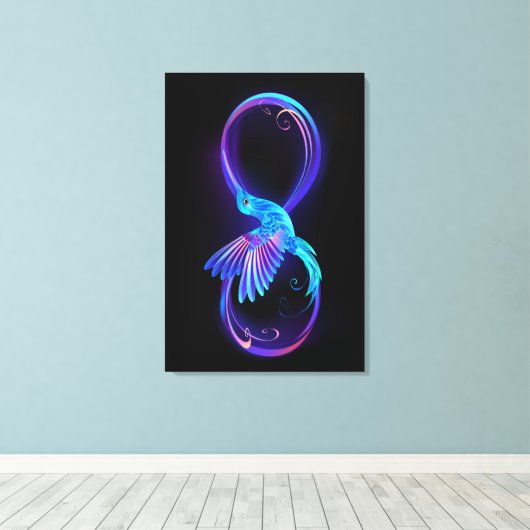 Neon Oneindigheidssymbool met Glowende Kolibrie Canvas Afdruk (Insitu (Houten vloer))