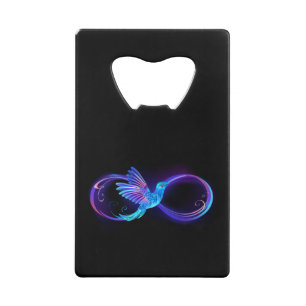 Neon Oneindigheidssymbool met Glowende Kolibrie Creditkaart Flessenopener