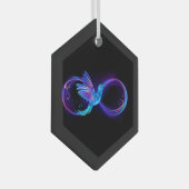 Neon Oneindigheidssymbool met Glowende Kolibrie Glas Ornament (Voorkant Rechts)